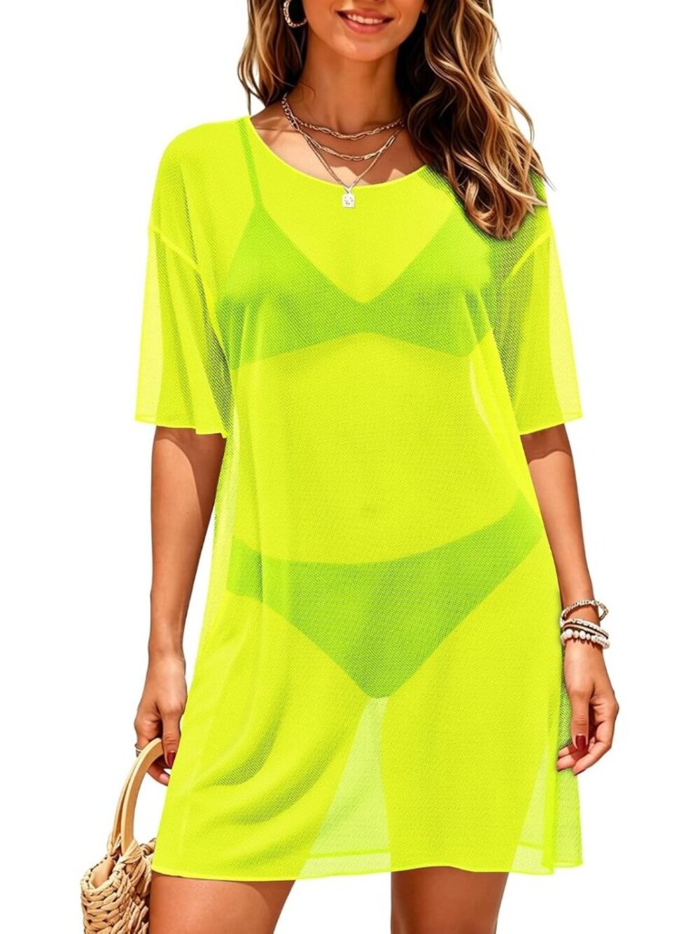 Women's Fluorescent Round Neck Mesh Summer Sheer Stretch Short Sleeve Cover Up